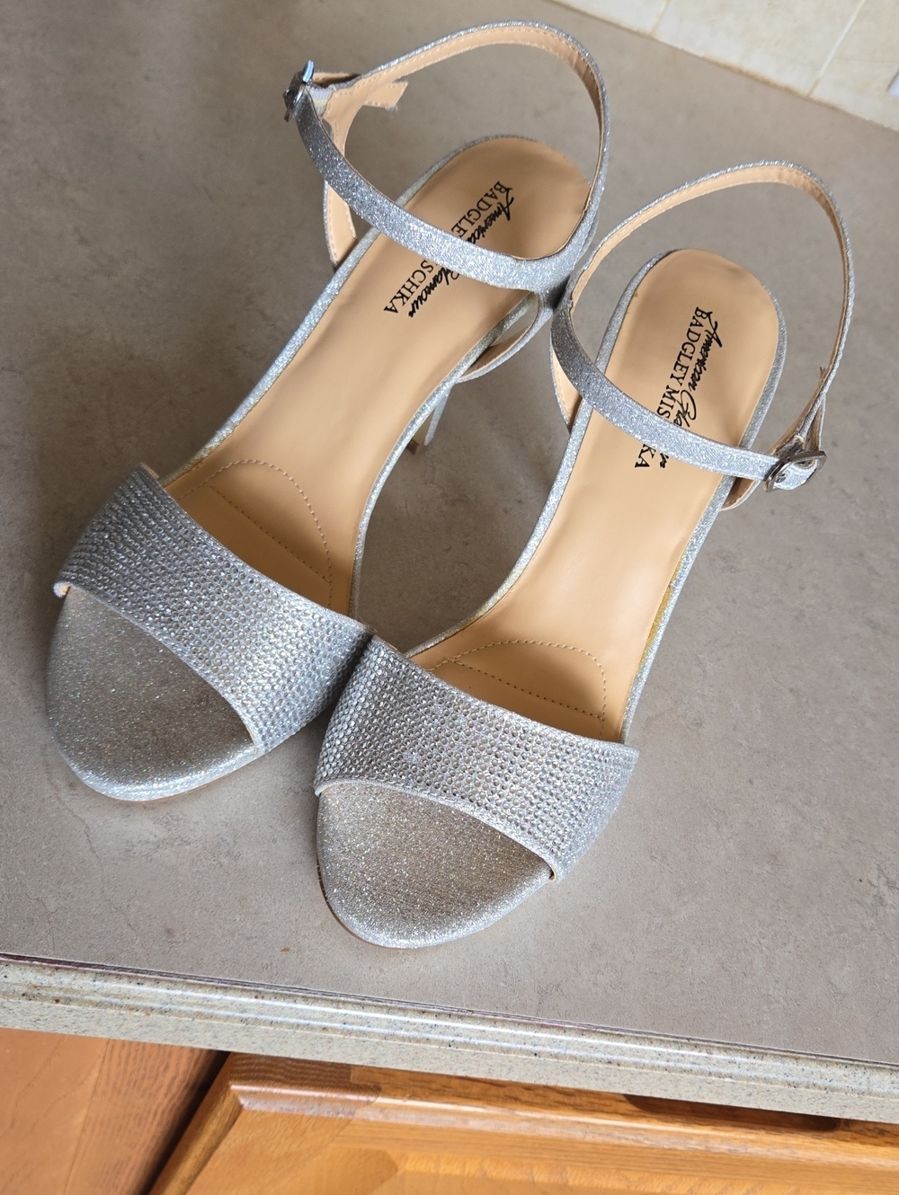 American Glamour - Badgley Mischka Silver Glitter Open-Toe Ankle-Strap Heels